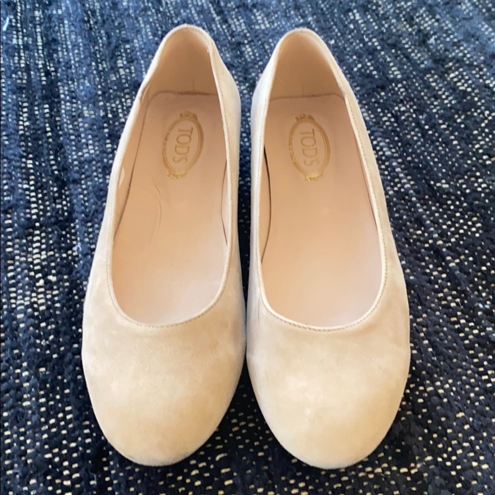 TOD’S Nude Suede Ballet Flat with Rose Gold Studs
